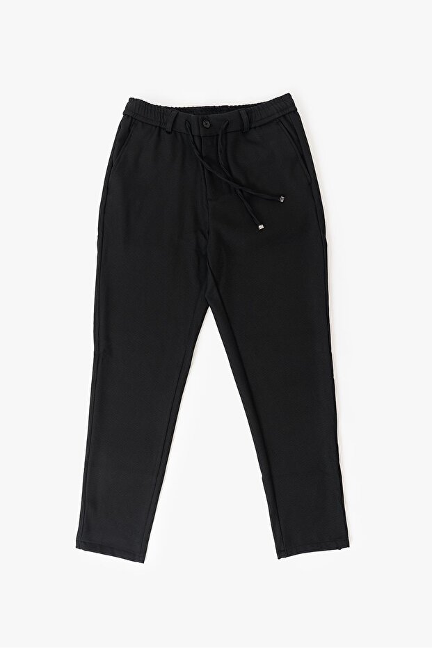 Men's Black Textured Side Pocket Lace up Waist Elastic Belt 968 Jogger Pants