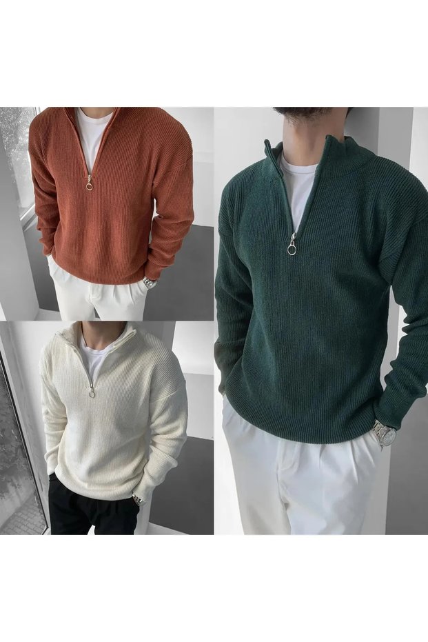 3-Pack Men's Half-Zip Knitwear Sweater Brick Petrol Beige