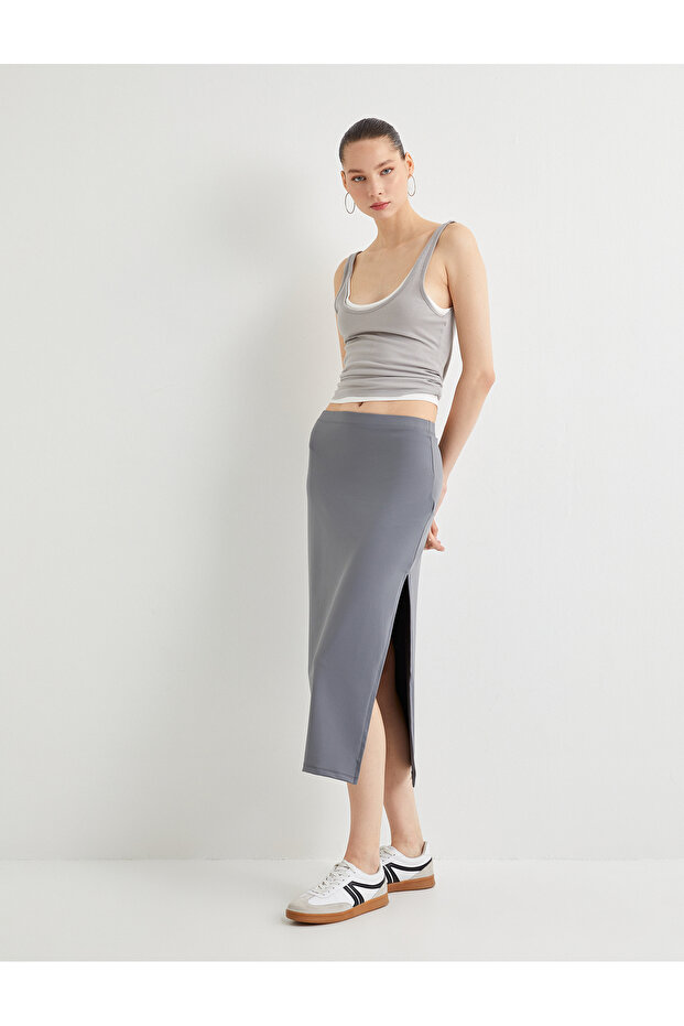 Midi Pencil Skirt with Slit Detail Standard Waist