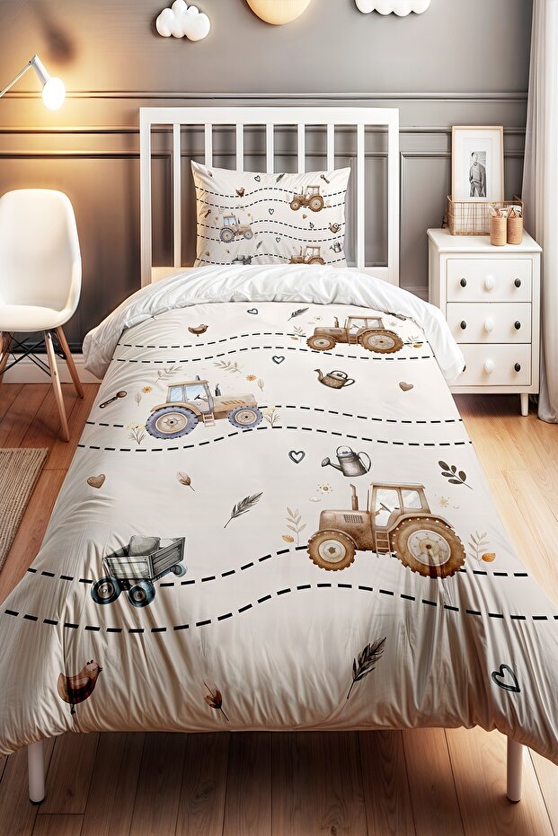 Brown Tractor Patterned Single Baby Kids Duvet Cover Set