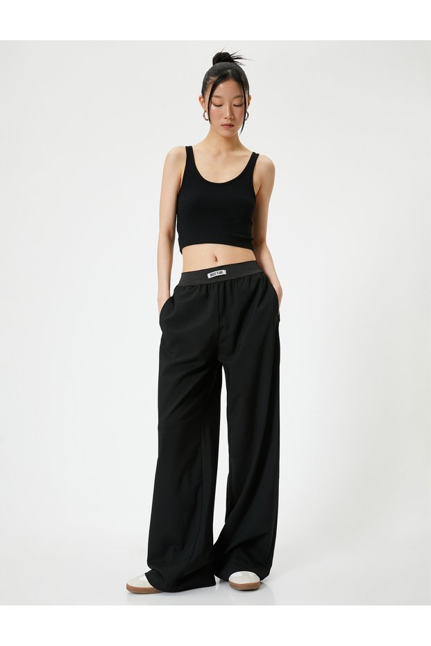 Wide Leg Trousers with Elastic Waist Pockets