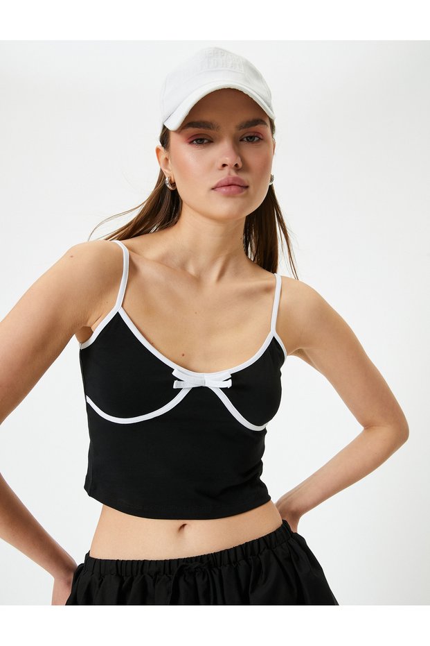 Bow Detailed Strappy Crop Top Color Contrast Cotton Slim Fit