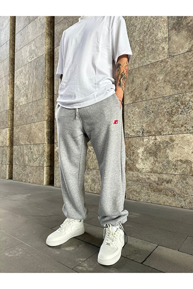 Nb Embroidered Sweatpants with Stopper Legs - Gray
