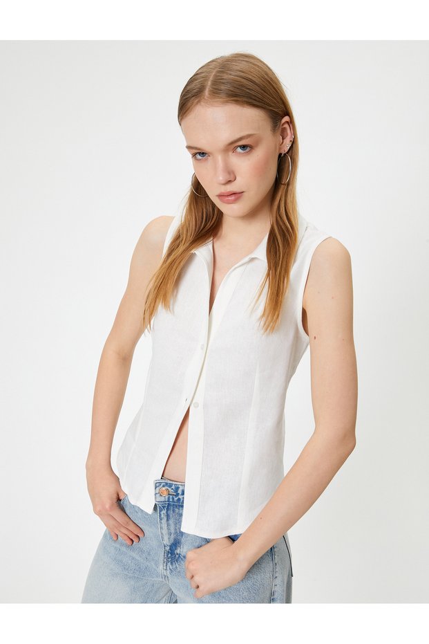 Linen Blend Shirt Crop Sleeveless Classic Neckline Slim Fit