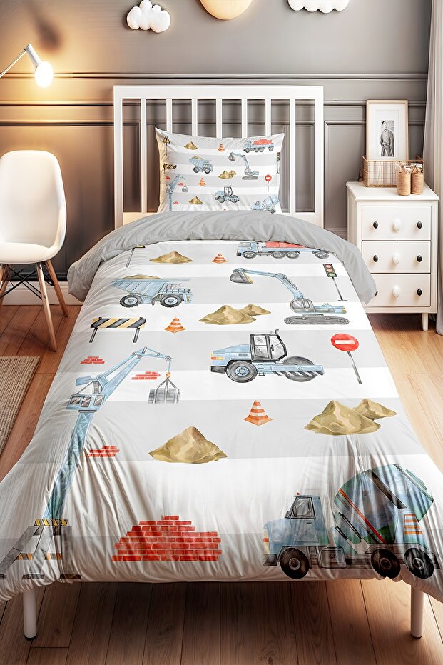 Blue Construction Vehicles Patterned Single Baby Kids Duvet Cover Set
