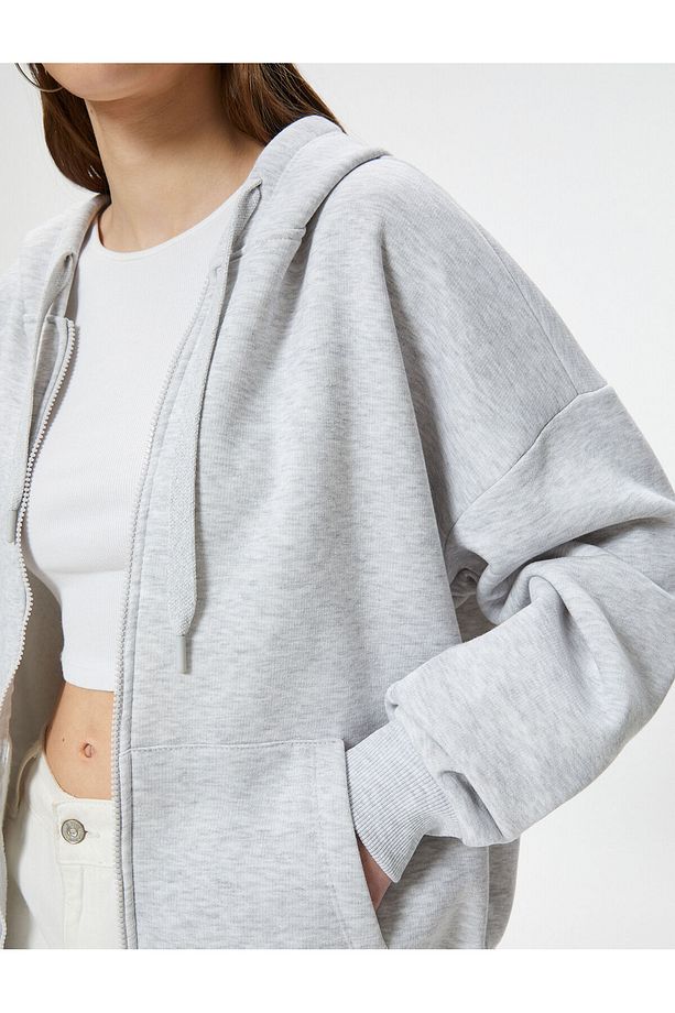 Şardonlu Basic Oversize Fermuarlı Sweatshirt Kapüşonlu Uzun Kanguru Cepli - 5