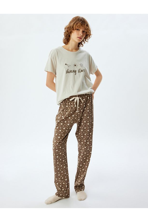 Örgü Pijama Takımı Baskılı Kısa Kollu Tişört ve Alt - 1
