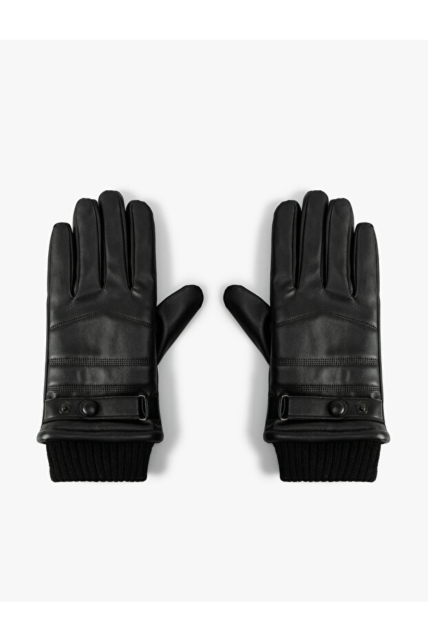 Fleece Lined Faux Leather Gloves - Snap Button Detailed