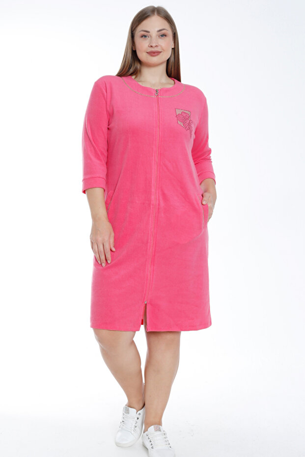 Women's Plus Size Dress with Zippered Three Quarter Sleeves Pocket Ribbed Rhinestone Cotton Towel