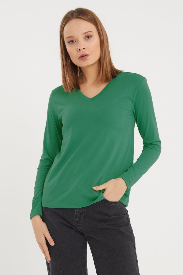 Women's Long Sleeve V Neck Basic Cotton Knitted Blouse