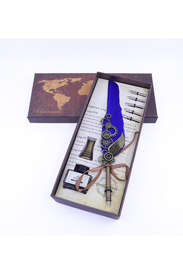 Dark Blue Gift Divit Inkwell and Bird Feather Pen Set