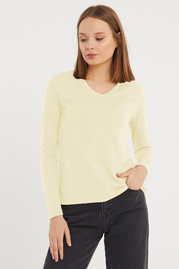 Kadın Uzun Kollu V Yaka Basic Pamuklu Örme Bluz - 1