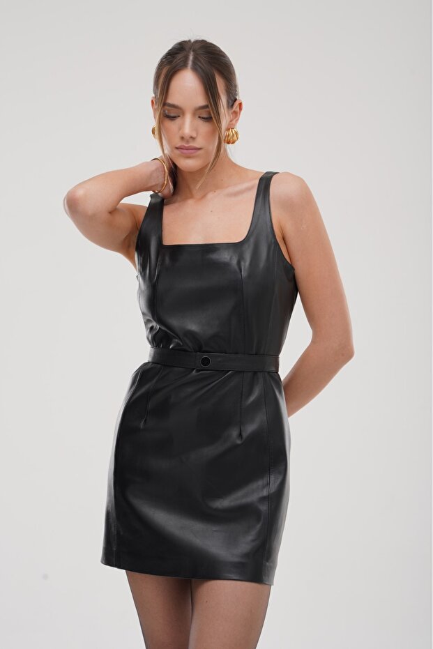 Minimal Askılı Deri Elbise - 6