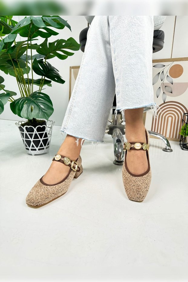 Casual Beige Babet Pearl Banded Heeled Adjustable Buckle Oval Toe Lightweight Comfortable Shoes 381