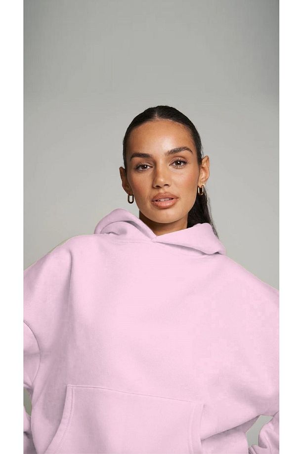 Pembe Kapüşonlu Basic Bel Lastikli Boru Paça Cepli Oversize Eşofman Takımı - 5