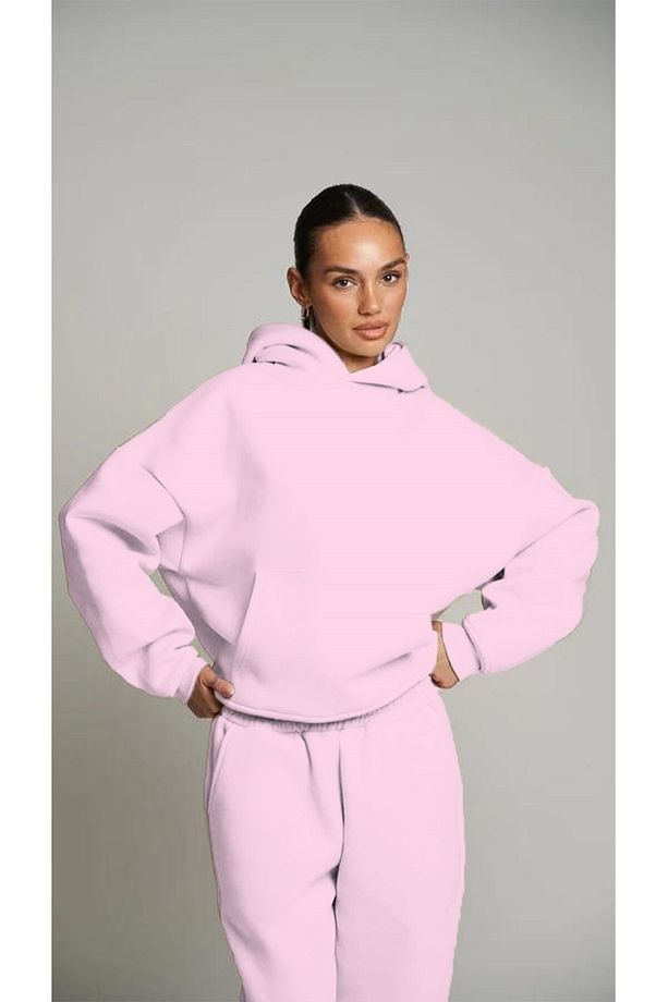 Pembe Kapüşonlu Basic Bel Lastikli Boru Paça Cepli Oversize Eşofman Takımı - 7
