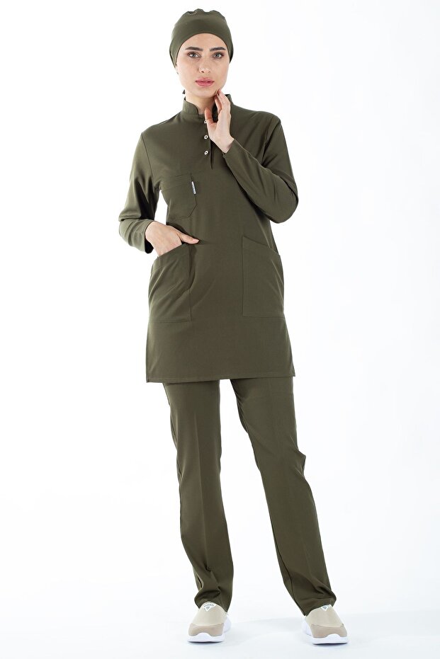 Khaki Green Thin Fabric Stretch Fabric Hijab Nurse Uniform and Hijab Doctor Uniform Set