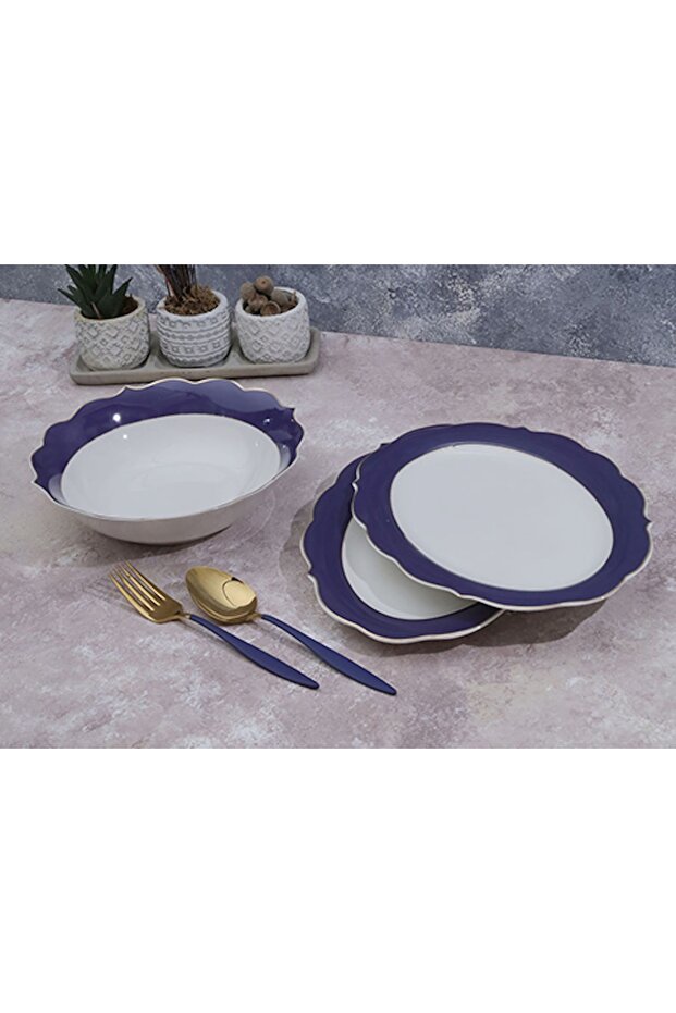 Pink&more Gold Gilded Blue 3-Piece Plate Bowl Serving Set
