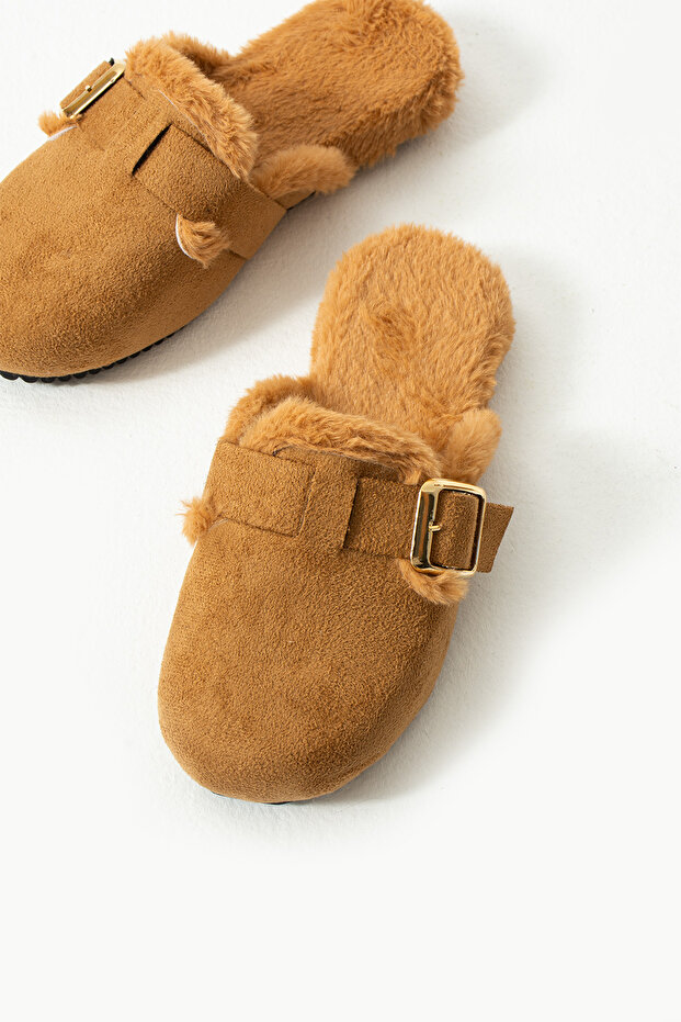 Tan Suede Buckle Plush Inside Slippers - 8
