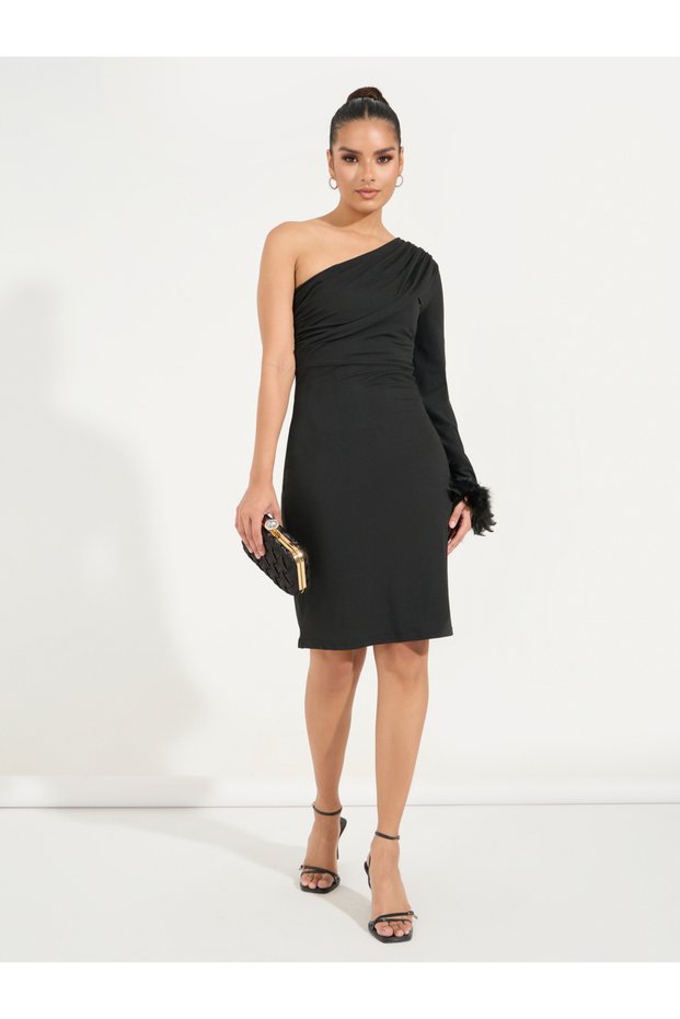 One Shoulder Sleeve Knee Length Dress with Faux Feather Detail