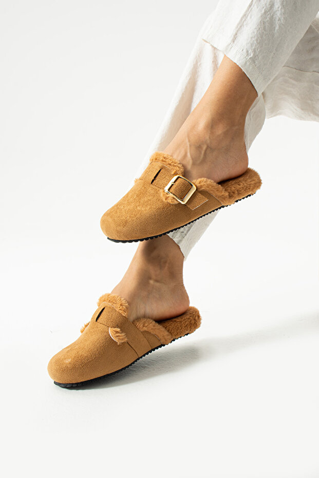 Tan Suede Buckle Plush Inside Slippers - 3
