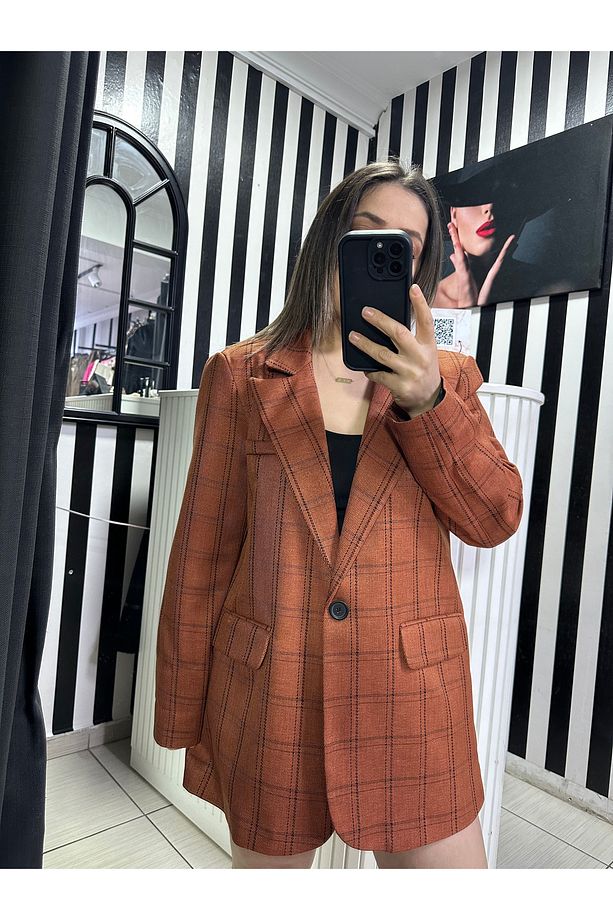 taba ceket, taba ekose tek düğme blazer ceket - 1
