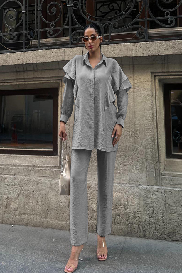 Women's Shoulder Ruffle Detail Shirt Pantalon Pocket Two-Piece Set