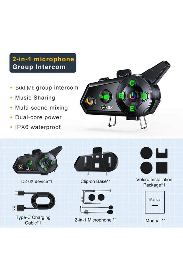 500 Mt Intercom 6 Eşleşmeli Müzik Paylaşımlı Kask Kulaklık D-2PR 6X Su Geçirmez Motosiklet Intercom - 3