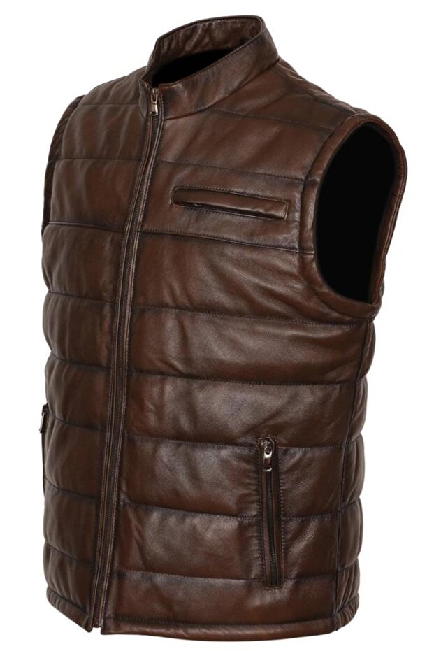 Inflatable Sports Men's Leather Vest Dark Brown Combination