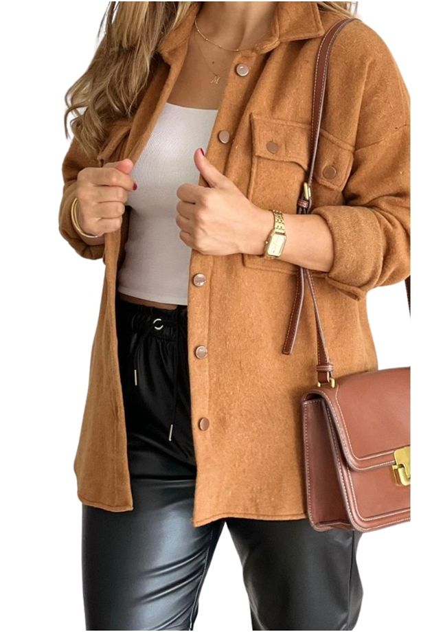 Kadın Taba Camel Kaşe Yün Oversize Gömlek Ceket - 1