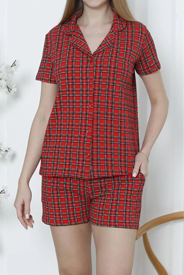 Kadın Düğmeli Şortlu Pijama Takımı - 1