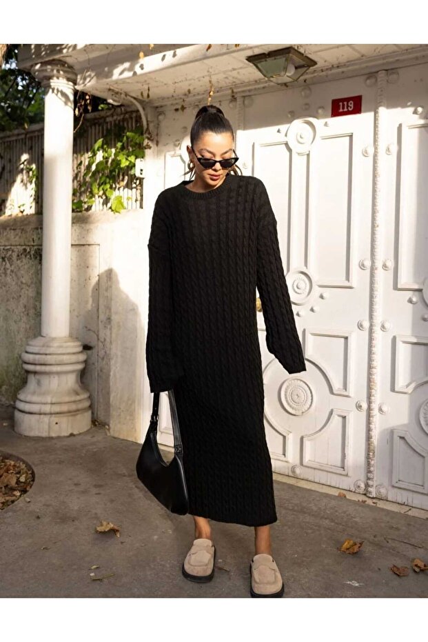 Knitical Dress Crew Neck Knitted Pattern Long Knitwear Dress