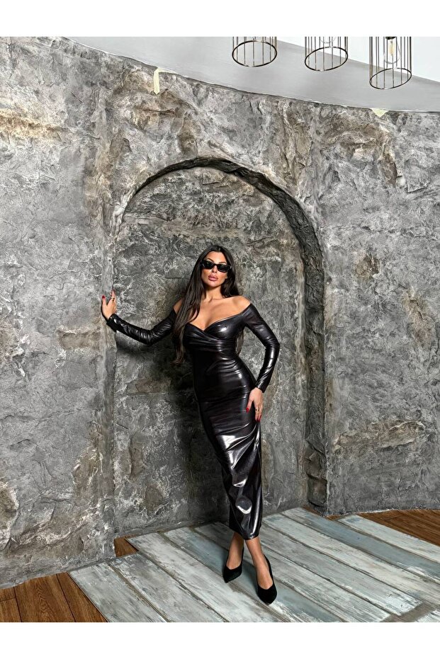 Kadın Omzu Açık Dekolteli Uzun Kol Varak Kumaş Maxi Elbise - 2