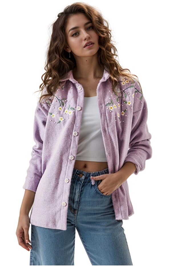 Women's Lilac Daisy Embroidered Stamp Sleeve Folded Thick Shirt Jacket