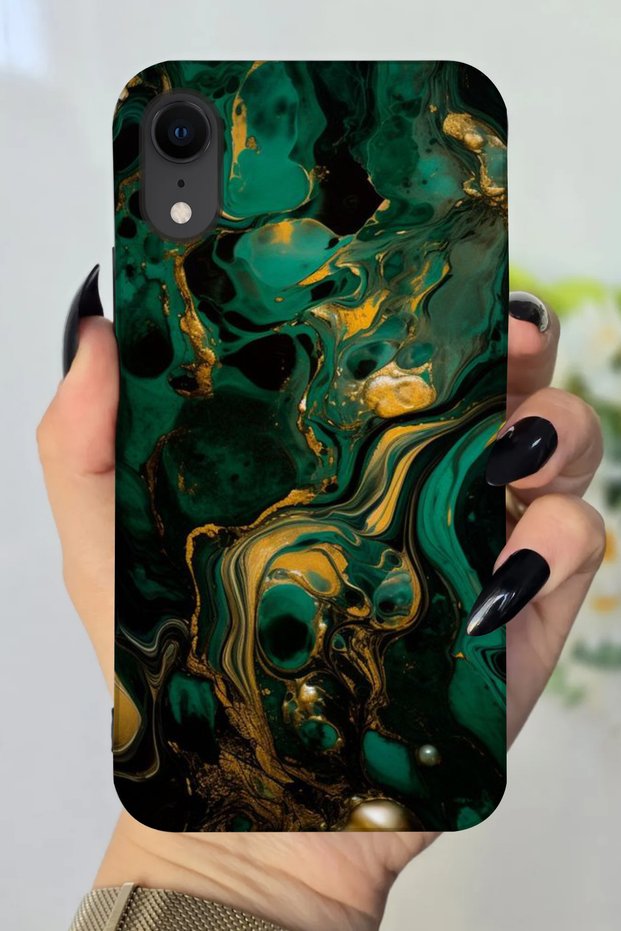 جراب سيليكون متوافق مع هاتف Apple iPhone XR مطبوع عليه نمط رخامي أخضر عالي الدقة