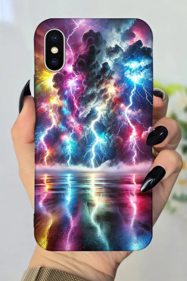 Apple iPhone XS Compatible Hd+ Printed Multi-Colored Lightning Pattern Silicone Case