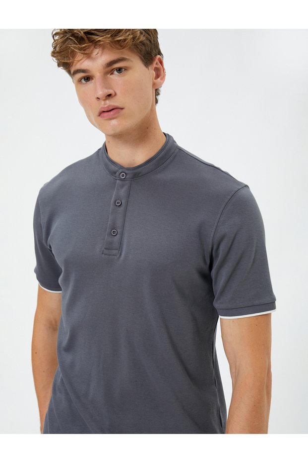 Judge Collar T-Shirt Slim Fit Buttoned Short Sleeve Piping