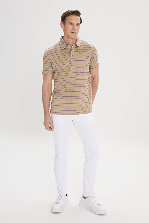 Erkek Vizon-Lacivert Regular Fit Rahat Kesim %100 Pamuk Çizgili Polo Yaka Tişört - 2