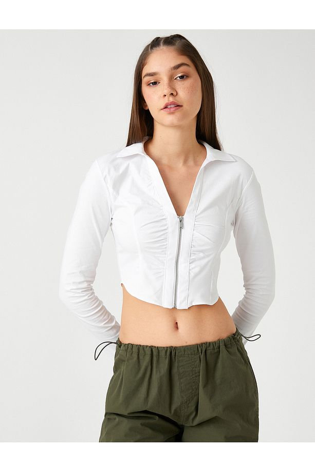 Crop Poplin Gömlek Önü Fermuarlı Uzun Kollu Manşet Yaka - 3