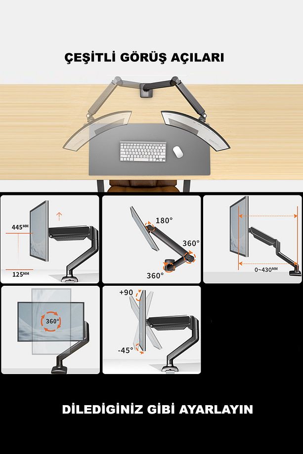 Yeni Nesil 17-30' Lcd Led Monitör Tutucu Kol Amortisörlü Vesa Monitör Standı 2-10 Kg - 7