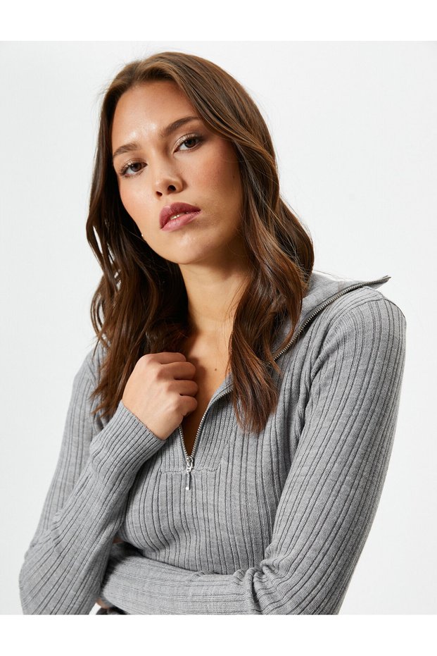 Knitwear Sweater Half Zipper Wide Collar Ribbed Cashmere Textured