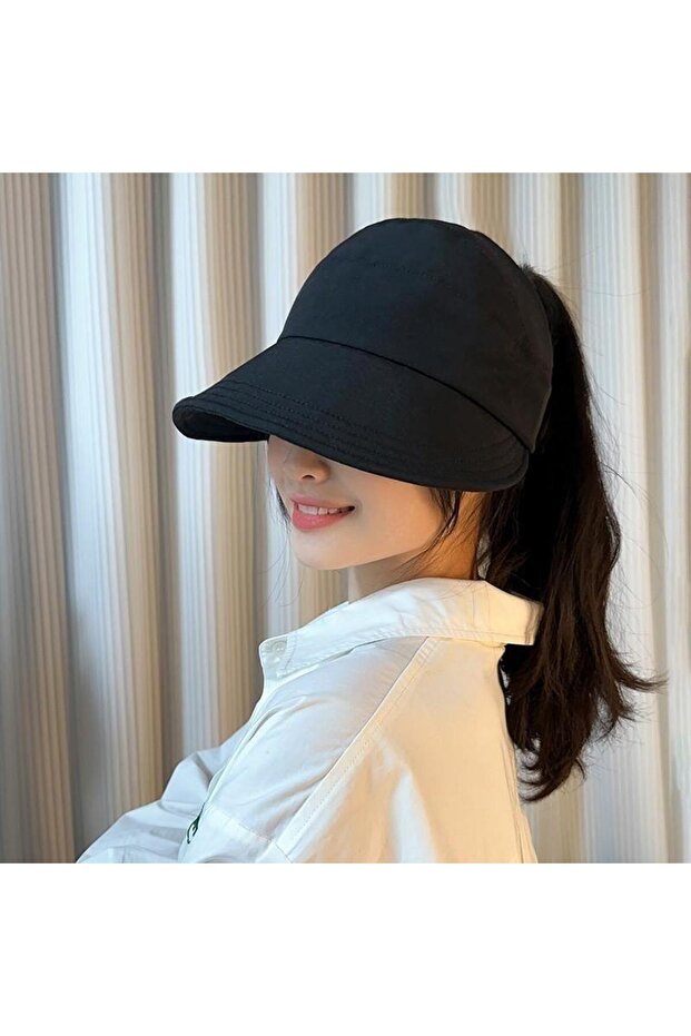 Wide Visor Sun Protection Women's Hat Mask Attachment Buttoned Tennis Sports Hat Black