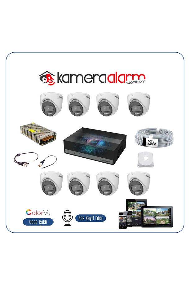 8 Kameralı Gece Renkli Mikrofonlu 2 MP Güvenlik Kamerası Full Hazır Set - İç Ortam - 1