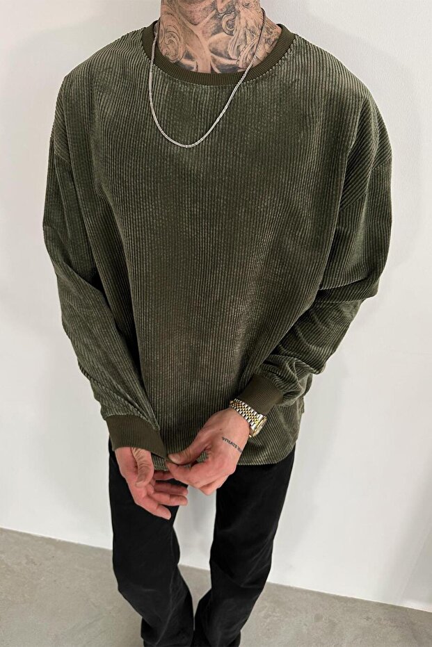 Haki Fitilli Kadife Basic Sweat - 3