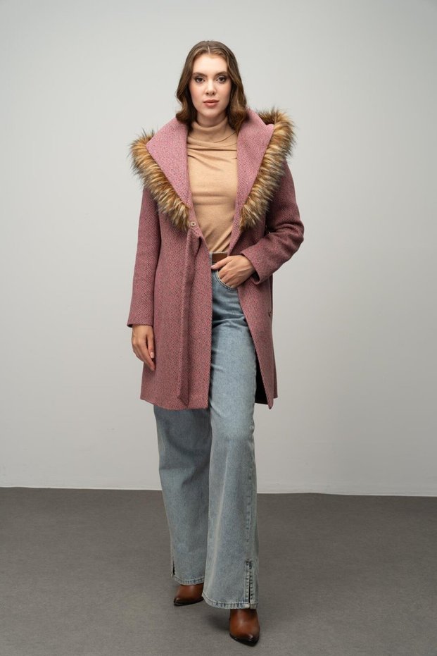 Hooded Fur-Capped Fish-Scale Coat with Belt Detail Fuchia 3044