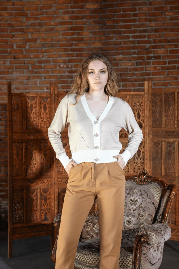 Jewel Buttoned Knitwear Cardigan 5610 Beige-Ecru