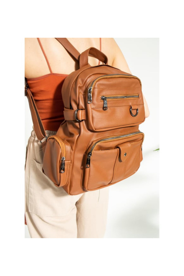 Large Size Women's Leather Backpack - Multi-Compartment and High Quality, Washed Tan