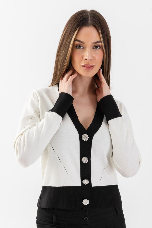 Jewel Buttoned Knitwear Cardigan 5610 Ecru-Black