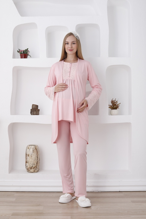 Maternity/Lactation Buttoned Pajamas and Dressing Gown Set / Autumn & Winter Season - Slippers and Crown Gift