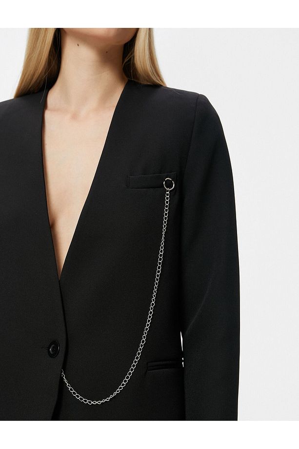 Blazer Ceket Tek Düğmeli Fleto Cepli Zincirli - 5